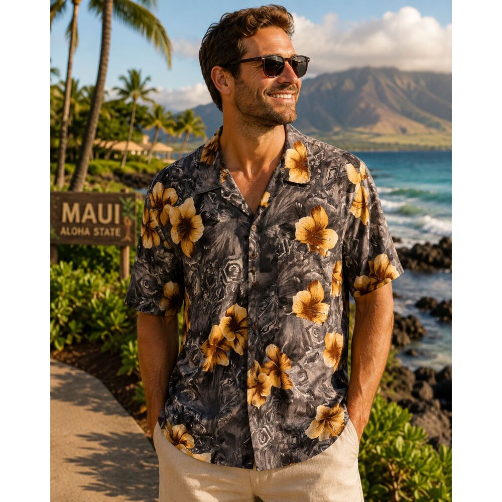 Vintage Hawaii Blues Rayon Hawaiian Shirt Mens Large Floral Aloha Beach